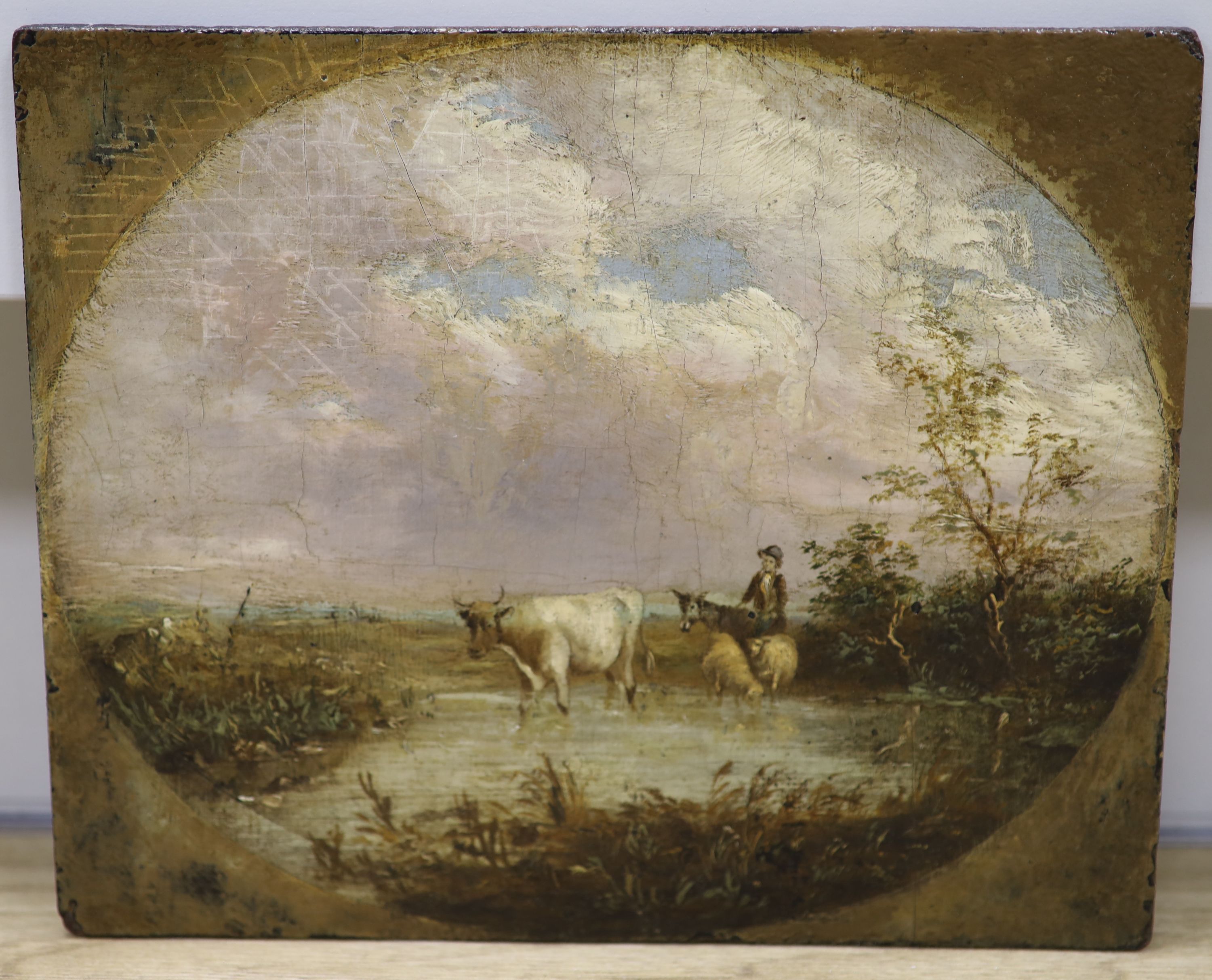 Victorian School, oil on wooden panel, Drover and livestock crossing a brook, painted to the oval, 21 x 25cm, unframed